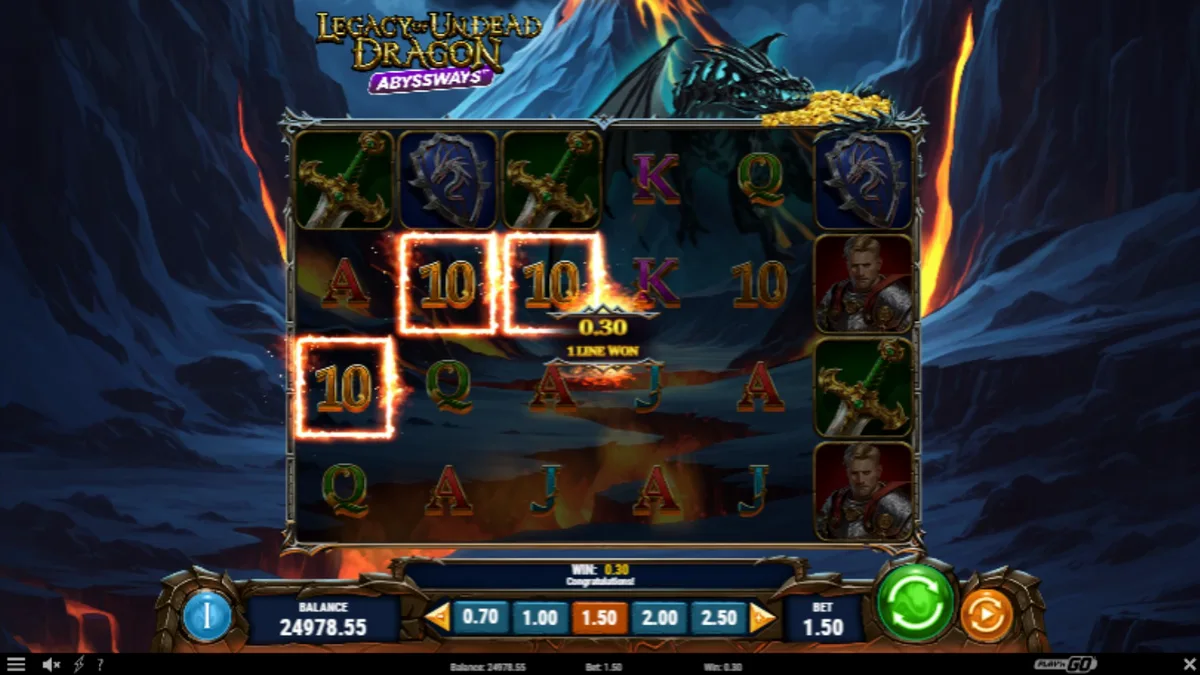 Tampilan visual slot Legacy of Undead Dragon Abyssways dengan naga dan harta karun